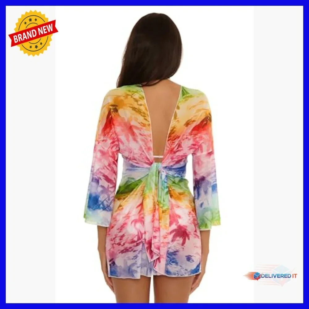 Small Tie Front Tunic Coverup, Lightweight Polyester Spandex, Bell Sleeves
